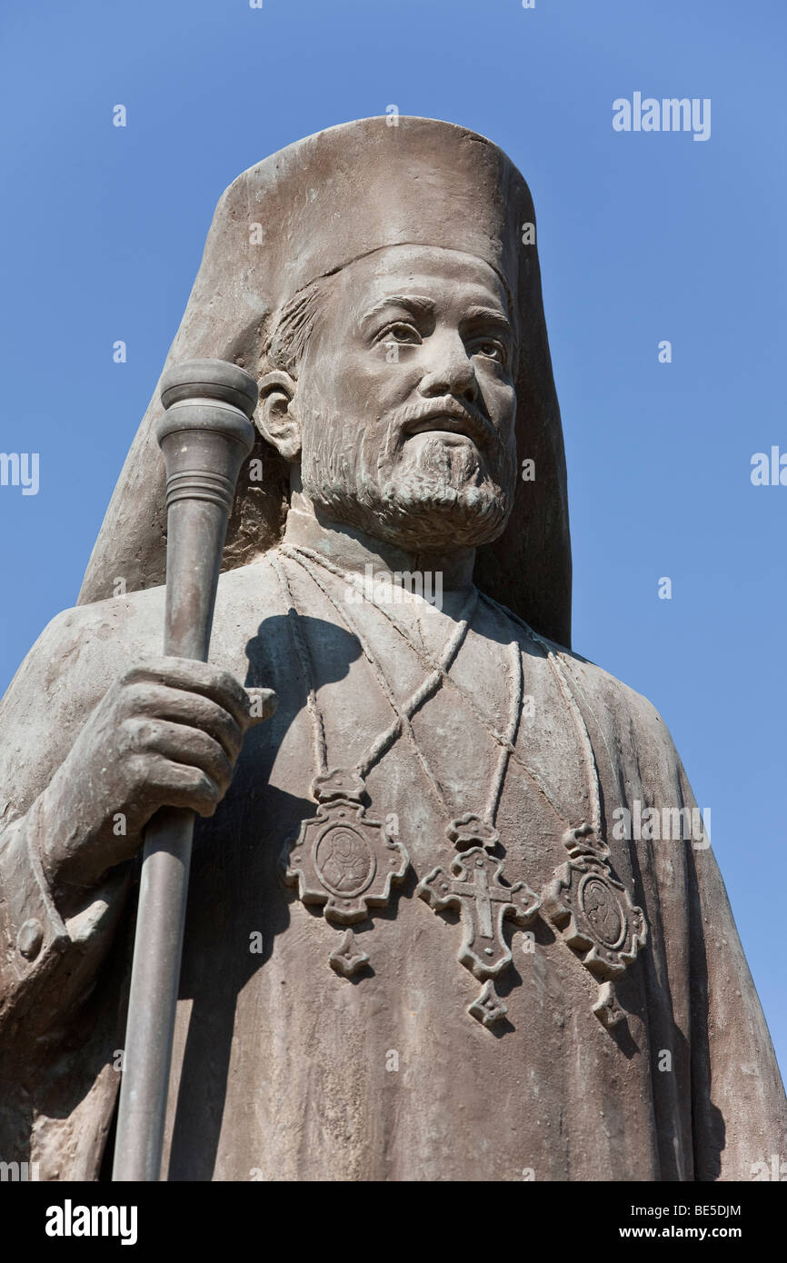 Statue in front of the modern Church of St. George, Agios Georgios, Larnaca, Southern Cyprus, Cyprus, Europe Stock Photo