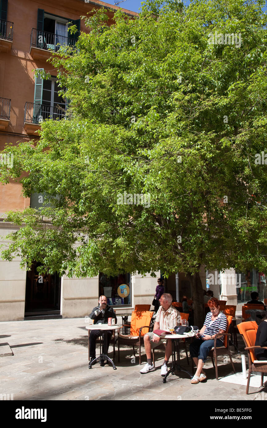 People sitting at cafe tables outdoors in plaza Palma Mallorca Spain Stock Photo