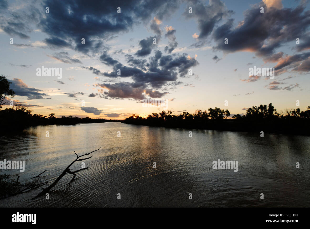 Sunset on Thomson River near Longreach, Queensland Outback, Australia Stock Photo