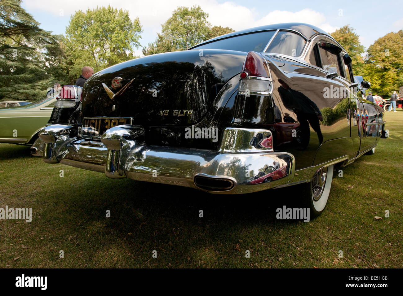 1952 black V8 6 liter Cadillac being shown at classic car show at Hedingham Castle, Essex, UK. Stock Photo