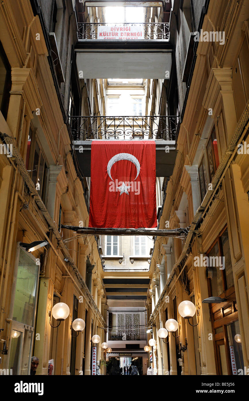 Shopping arcade from the 19th Century, Turkish flag, former suburb Pera, Istiklal Caddesi, Independence Street, Beyoglu, Istanb Stock Photo