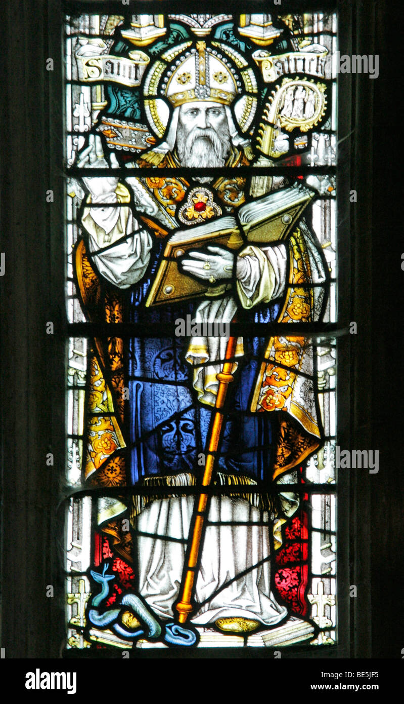 A Stained Glass Window Depicting Saint Patrick, Welbourn Church, Lincolnshire Stock Photo