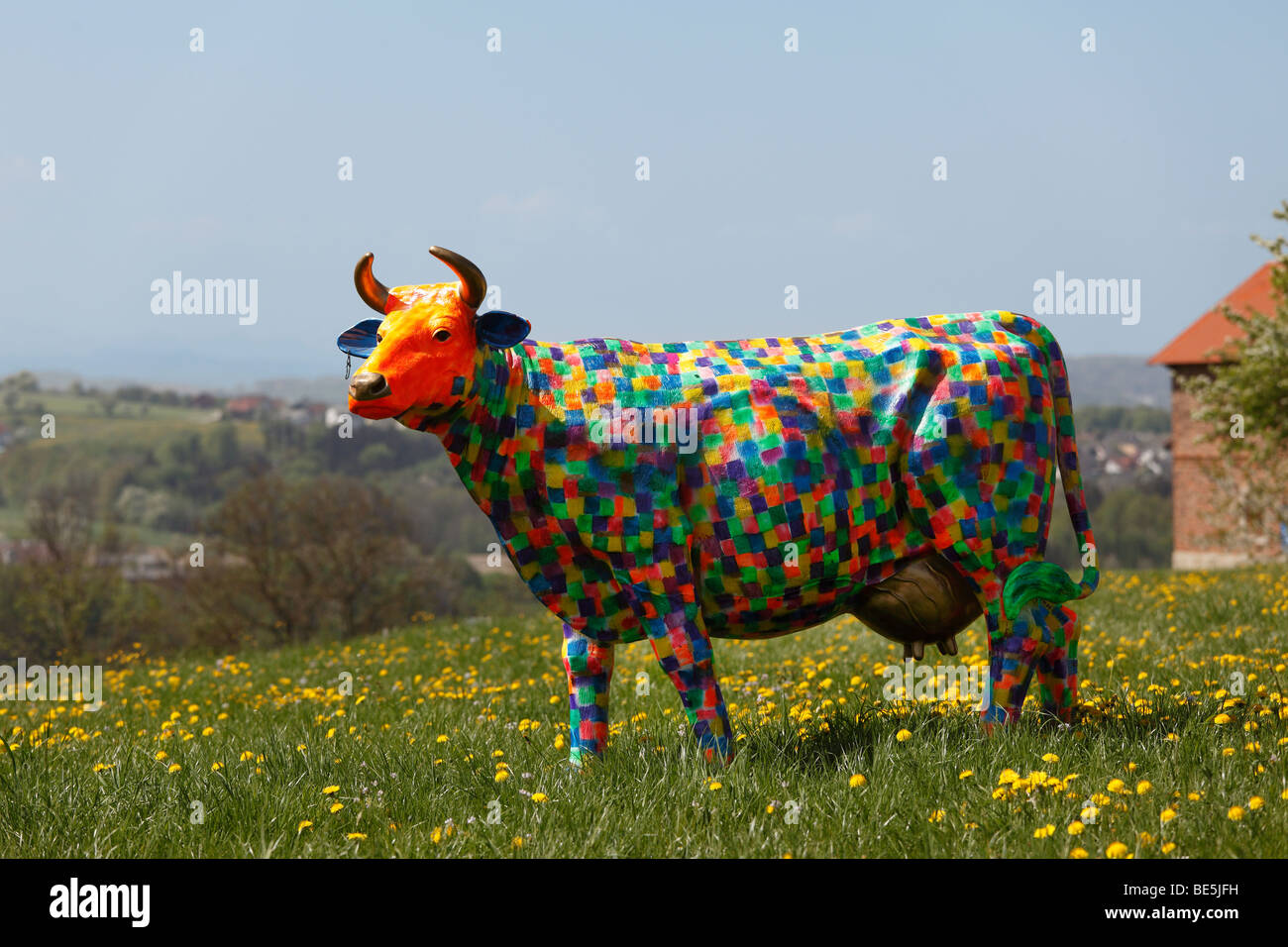 Colorful painted life-sized cow model, Mostviertel region, Lower Austria, Austria, Europe Stock Photo