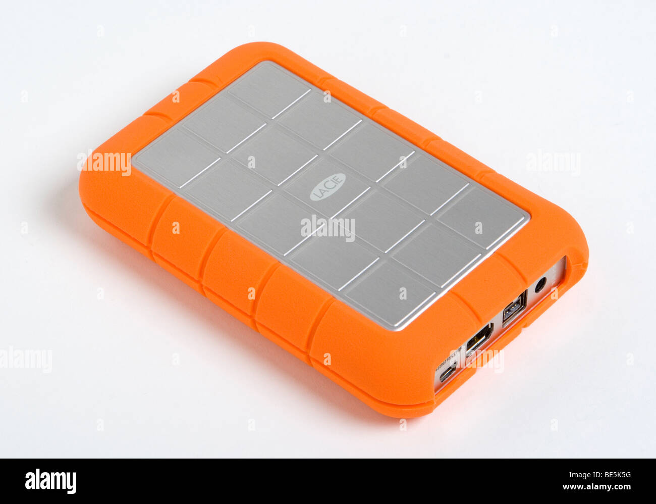 Lacie Rugged 1TB external hard drive showing FireWire 400, FireWire 800 and USB 2.0 ports Stock Photo