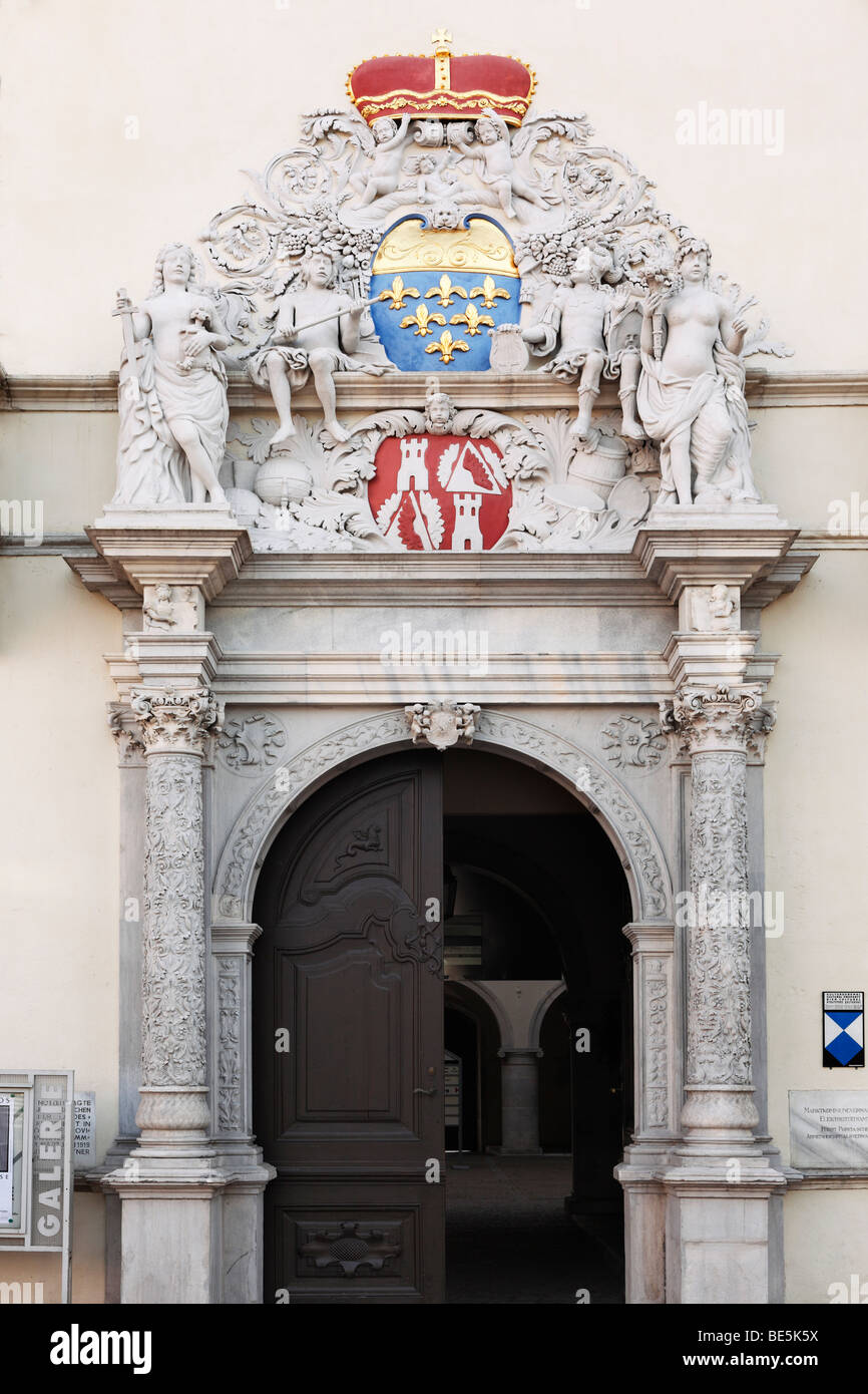 Portal with the coat of arms of Porcia, Schloss Porcia Castle, Spittal an der Drau, Carinthia, Austria, Europe Stock Photo