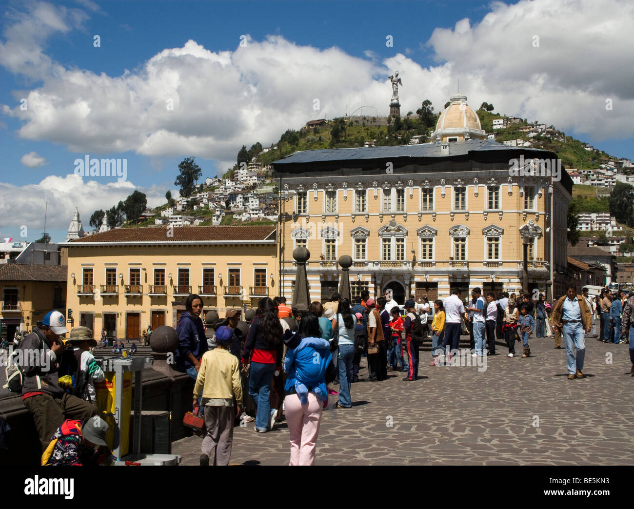 Ecuador. Quito. Historical Center. Square of San Francisco with the Panecillo in background. Stock Photo