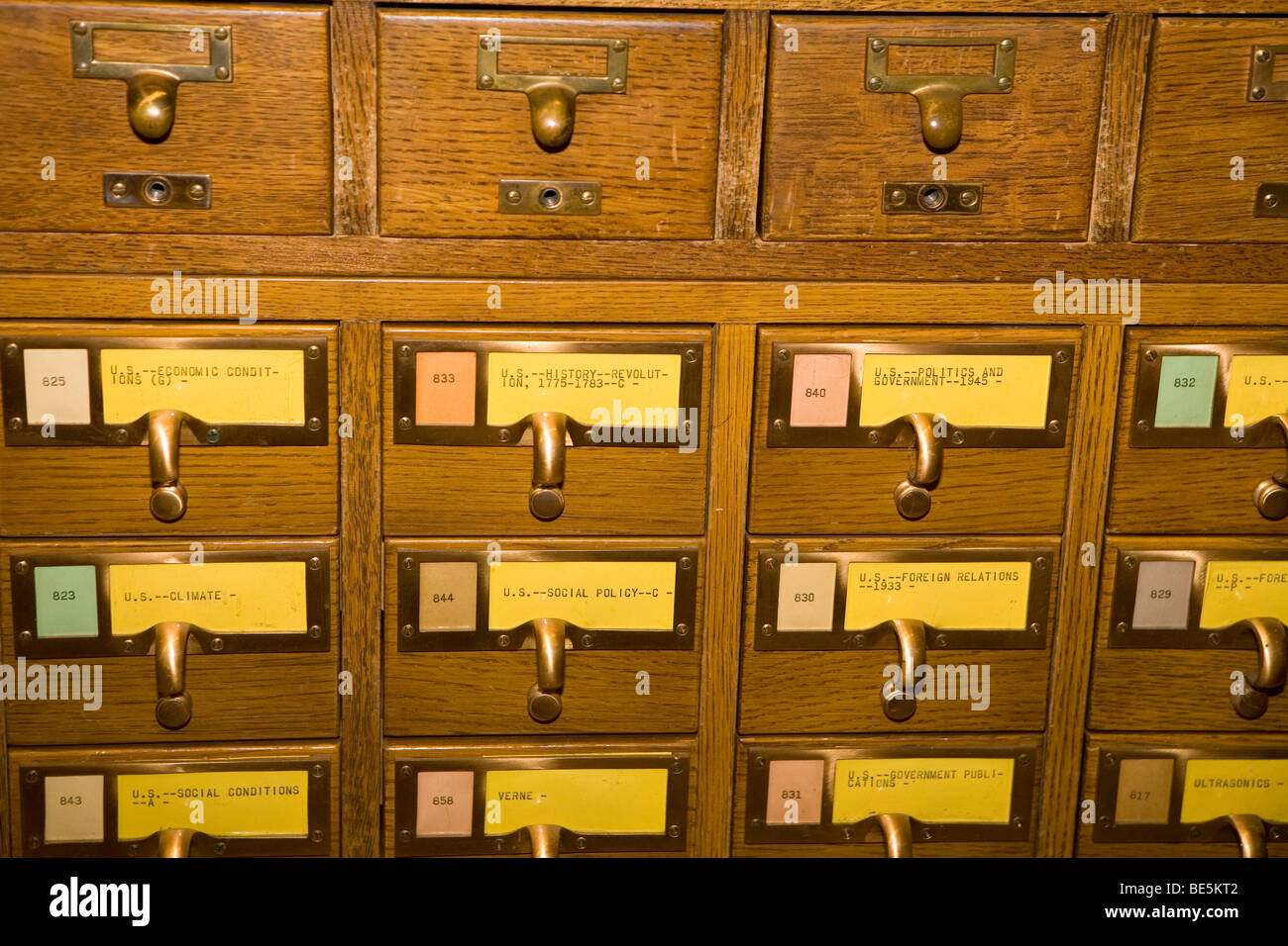 Detail Of Old Fashioned Library Card Catalog Drawers With Labels