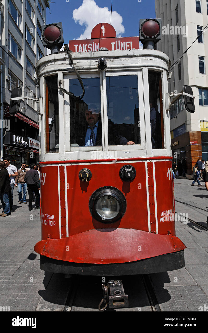 Historic tram on Istiklal Caddesi, Independence Street, front view, Beyoglu, Istanbul, Turkey Stock Photo