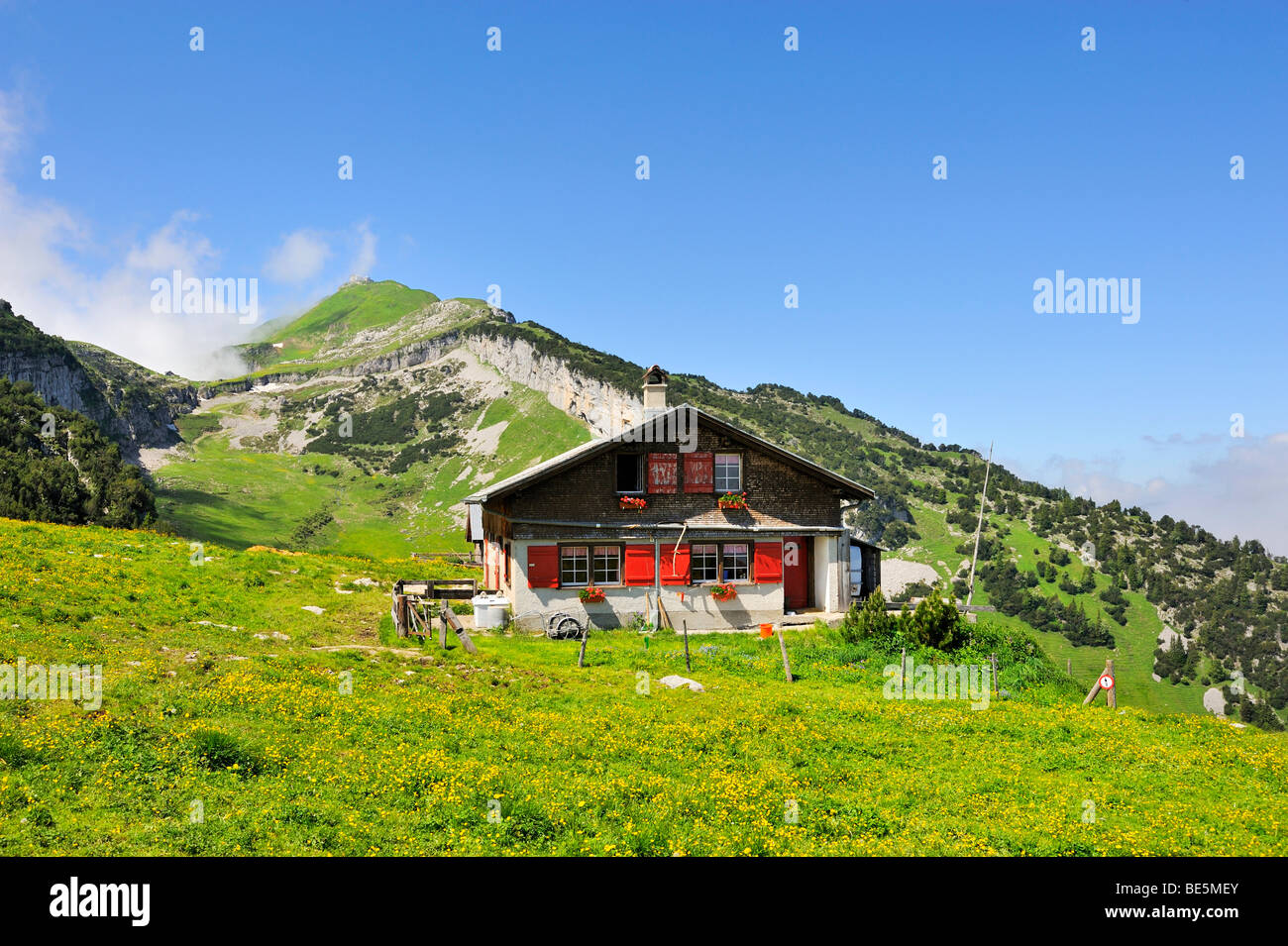 Alpine hut on Ebenalp Mountain in front of Schaefler Mountain, Canton of Appenzell Innerrhoden, Switzerland, Europe Stock Photo