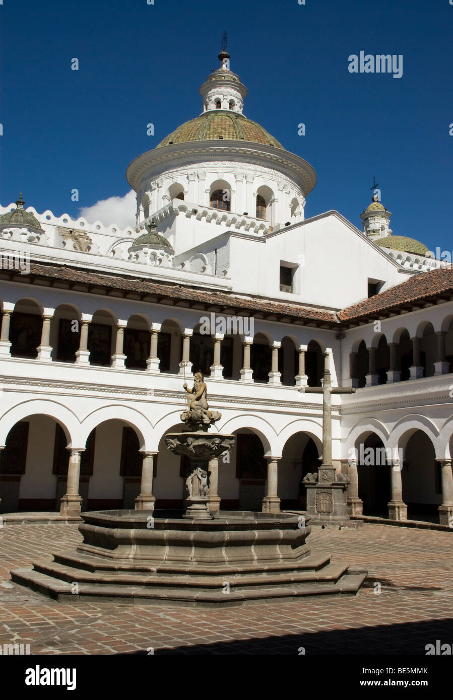 Ecuador. Quito. Historical Center. Convent of La Merced (XVII century). Main cloister and fountain of Neptune. Stock Photo