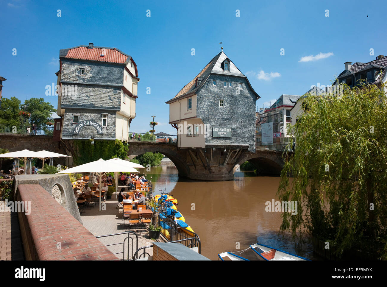 Old bridge across Nahe River with bridge houses, Bad Kreuznach, Rhineland-Palatinate, Germany, Europe Stock Photo