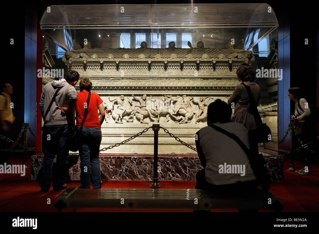 Alexander aarcophagus, museum visitors marvel at the relief, Archeological Museum, Topkapi Palace, Istanbul, Turkey Stock Photo