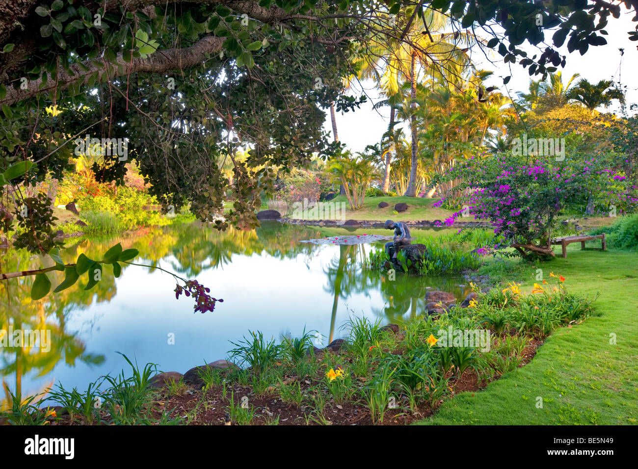 Pond And Garden With Sculpture At Na Aina Kai Botanical Gardens