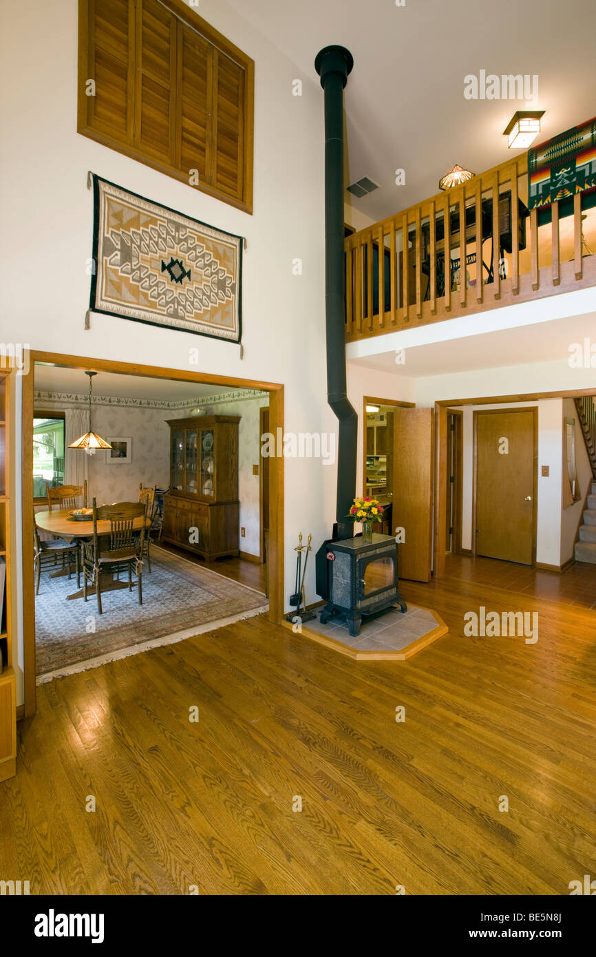 Interior view of the living, or great, room in an upscale suburban home. Stock Photo