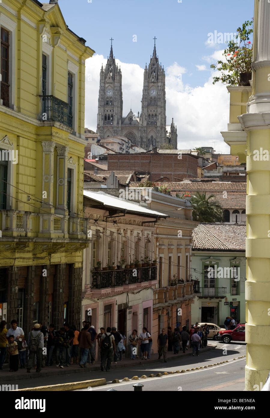 Ecuador. Quito. Historical Center. Guayaquil street and The Basilica del Voto Nacional (XIX-XX century) in the background. Stock Photo