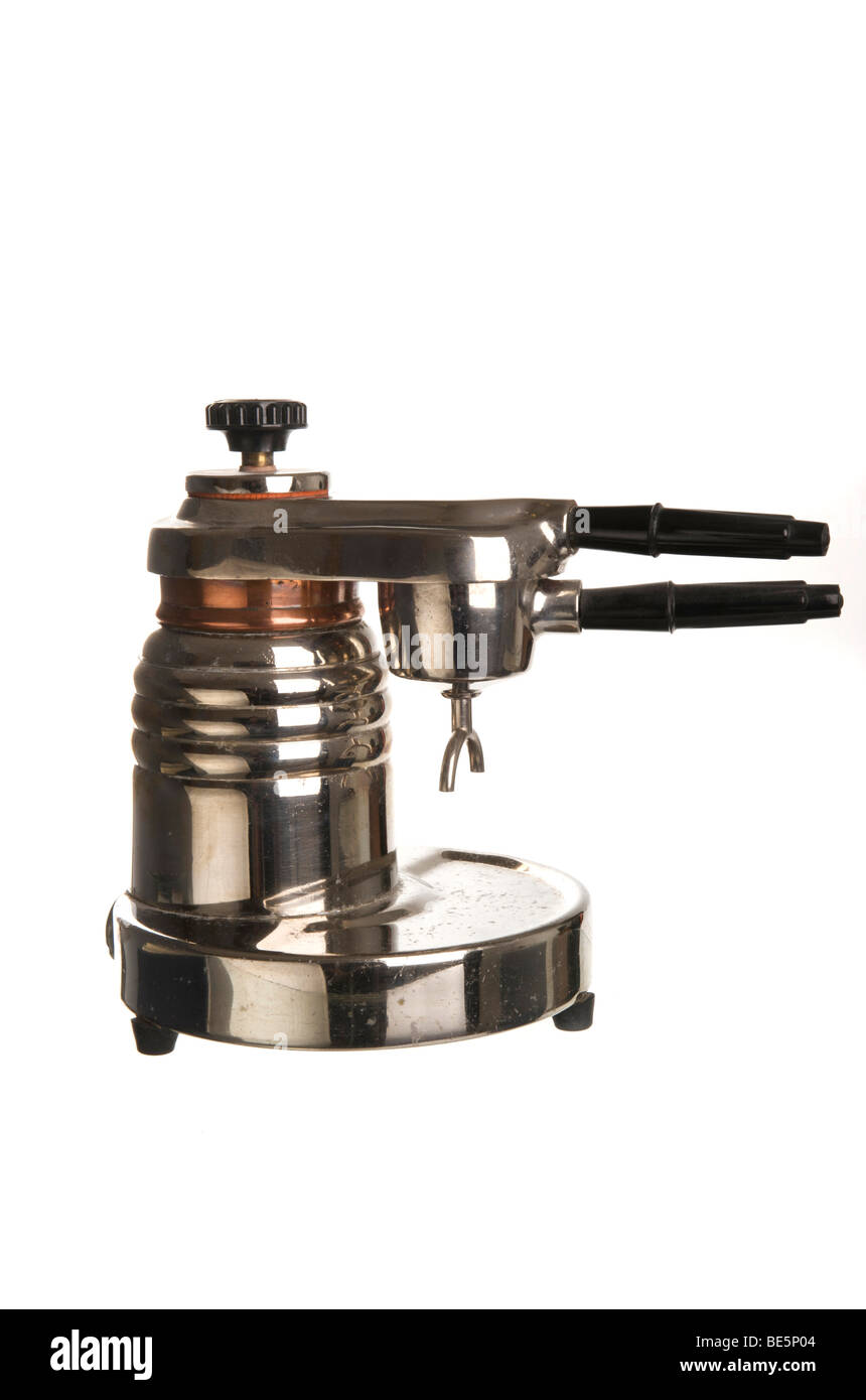 Old electric espresso maker, from Italy, with portafilter and double outlet for two cups Stock Photo