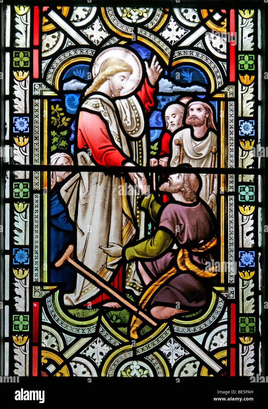 Stained Glass Window Depicting Jesus Performing Miracles, St John the Baptist Church, South Carlton, Lincolnshire Stock Photo