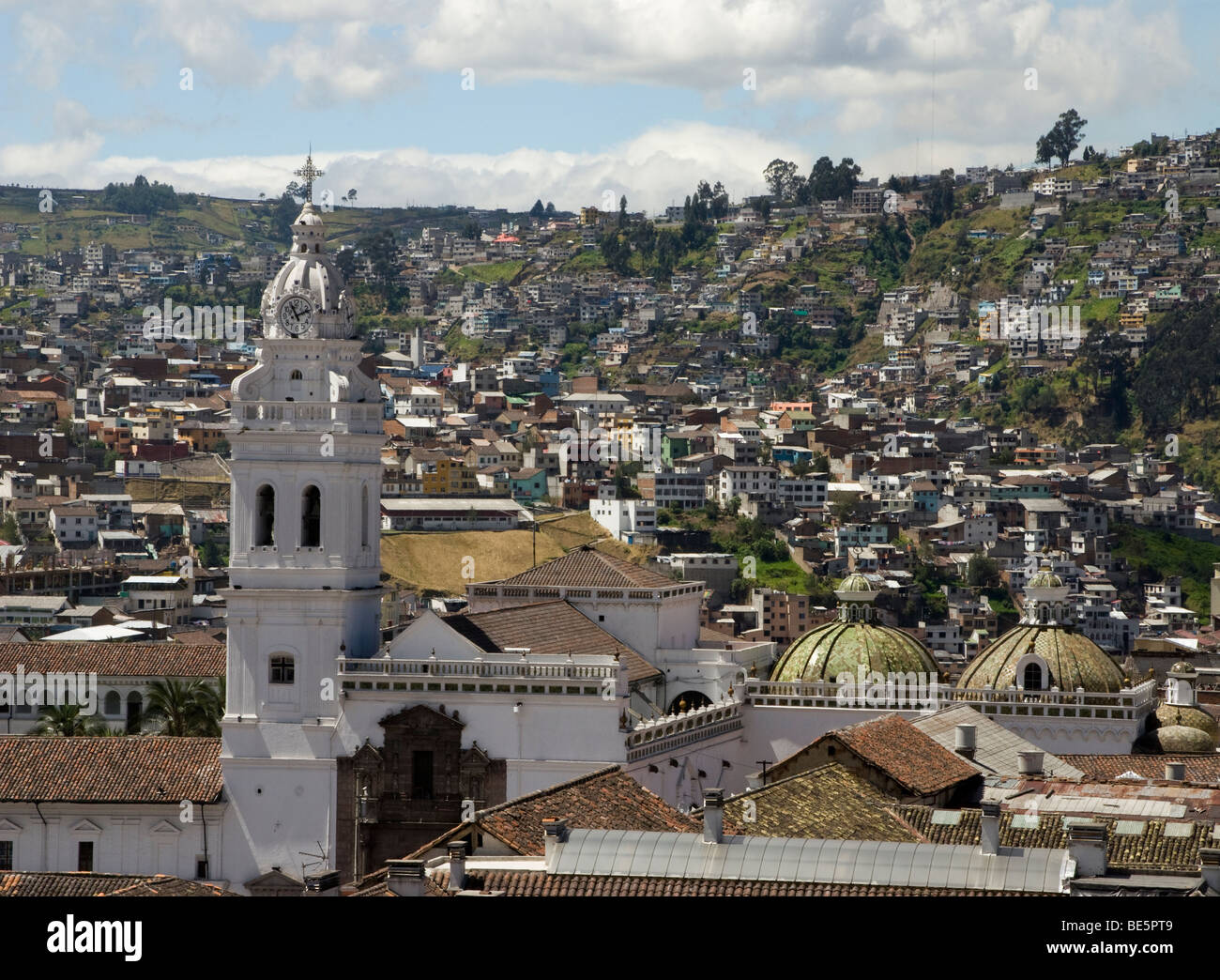 Ecuador.Quito.Historical Center.Belfry and the domes of the Church of Santo Domingo (XVI-XVII century). Stock Photo