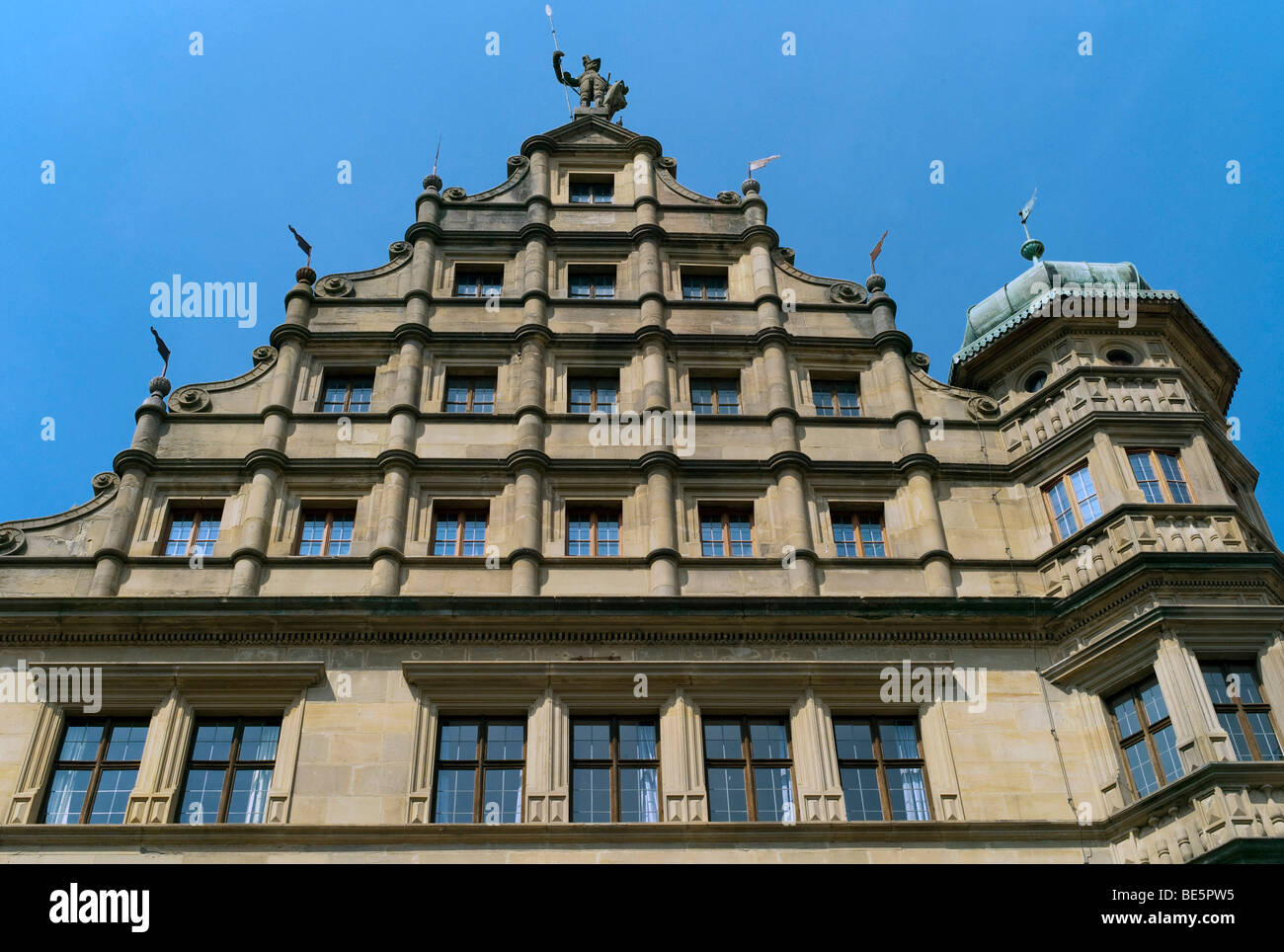 Renaissance town hall facade with baroque arcade porch, Rothenburg ob der Tauber, Bavaria, Germany, Europe Stock Photo