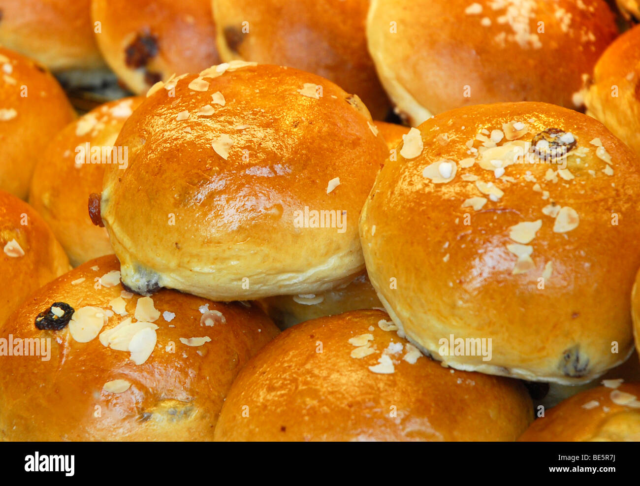 Fresh bread with almonds and dried grapes, sultanas Stock Photo