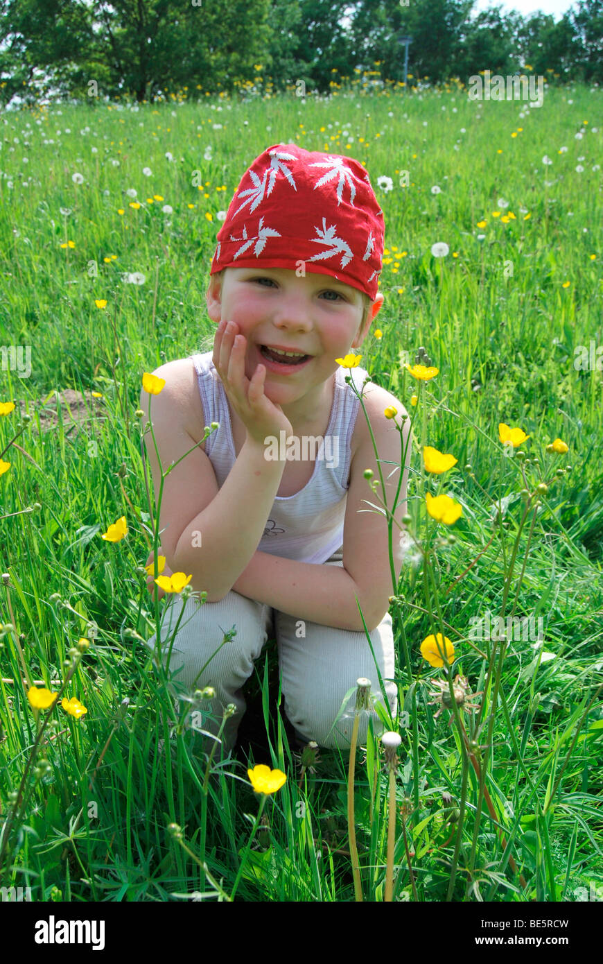 Happy girl, 5, wearing a red headscarf on a summer lawn with Kingcup or Marsh Marigold and Dandelions Stock Photo