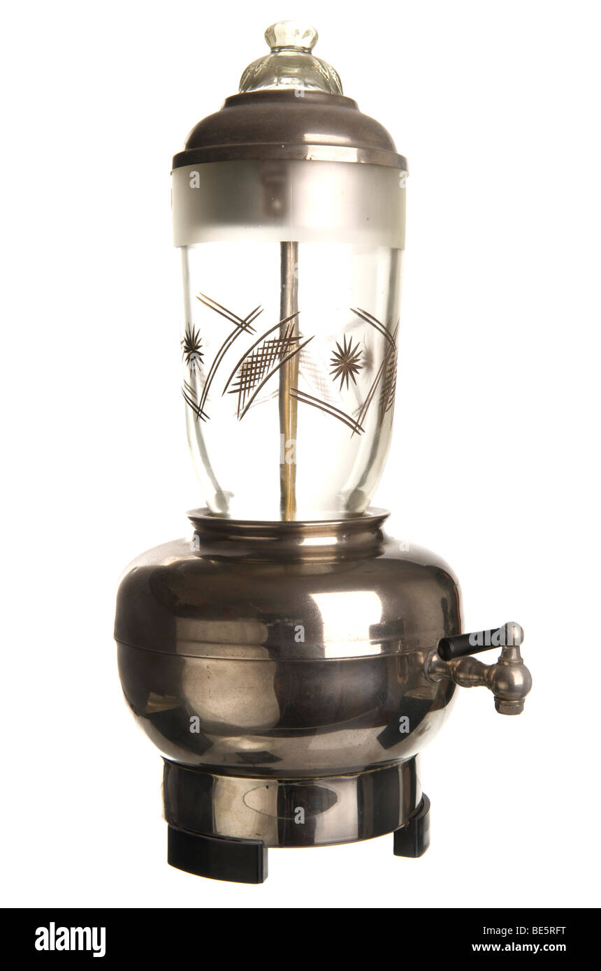 Old electric coffee machine, perkolator, with glass container and outlet Stock Photo