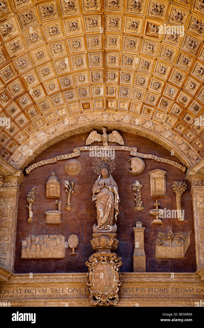 Statue and carvings in door to Palma Cathedral Palma Mallorca Spain Stock Photo