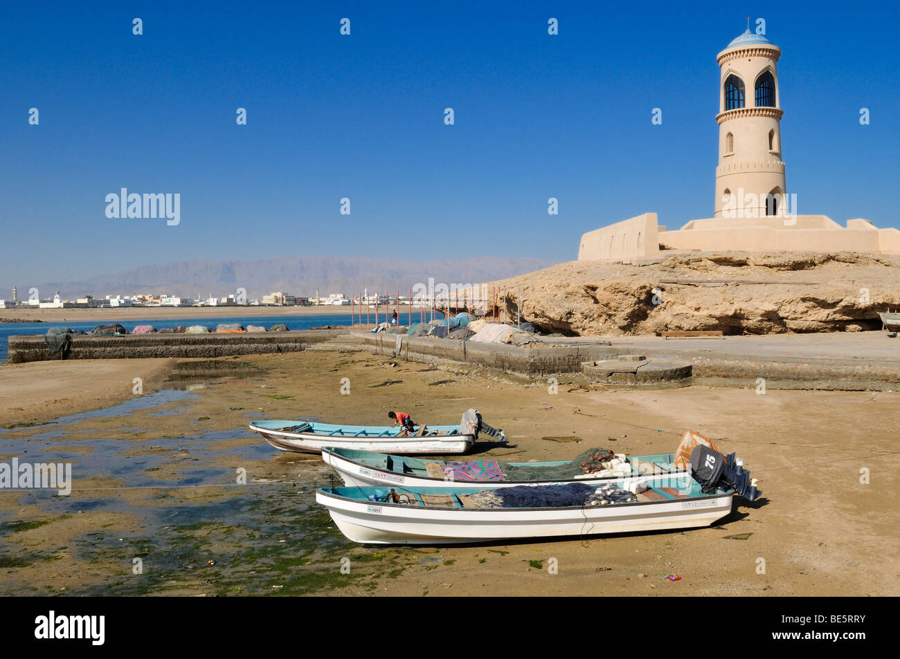 Fishing boat in the harbour of Al Ayjah, Sur, Al Sharqiya Region, Sultanate of Oman, Arabia, Middle East Stock Photo