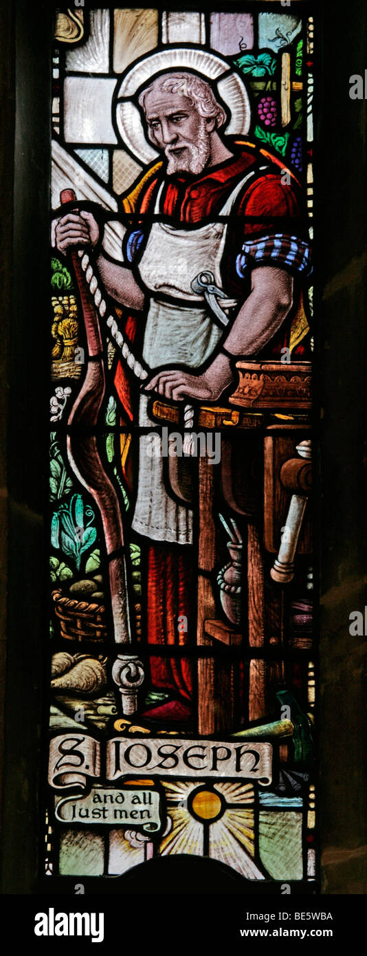 Stained Glass Window Depicting Saint Joseph as Carpenter, St Wilfred's Church Metheringham Stock Photo