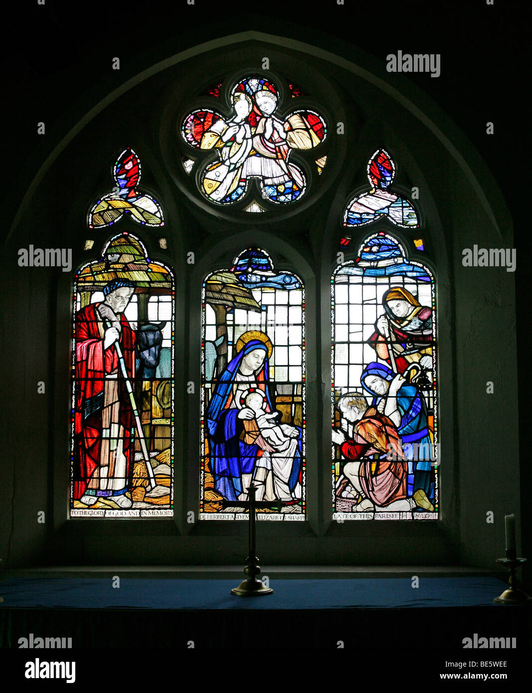 Stained Glass Window by Edward Payne of 1959 depicting The Nativity and Adoration of the Shepherds, St Thomas Church Market Rasen, Lincolnshire Stock Photo