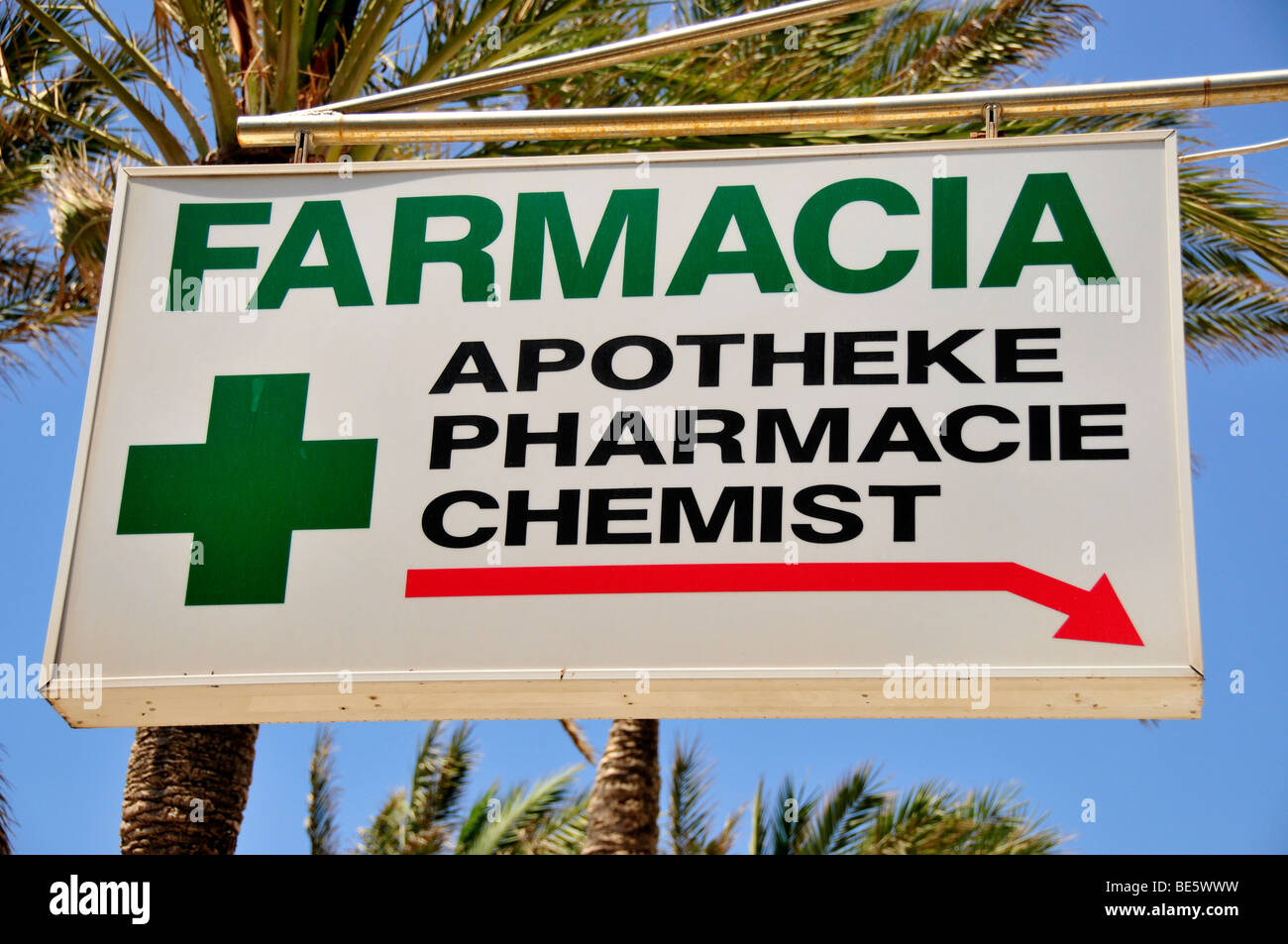 Sign 'Farmacia/Pharmacy' at the Playa de Palma, El Arenal, Majorca, Balearic Islands, Spain, Europe Stock Photo