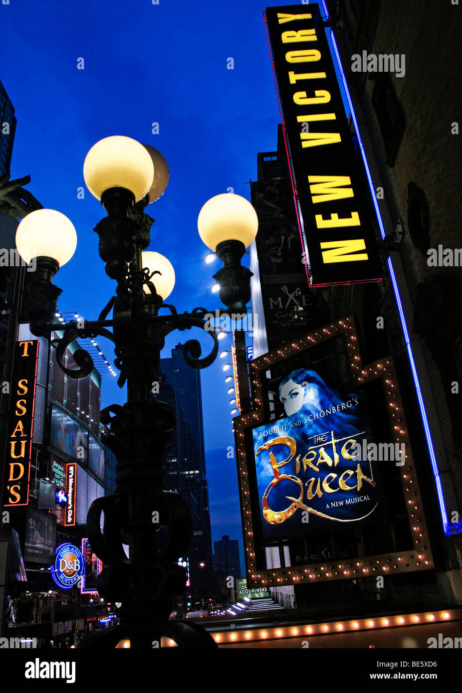 Neon sign for the musical 'Pirate Queen', near Times Square, Broadway, New York, USA, North America Stock Photo