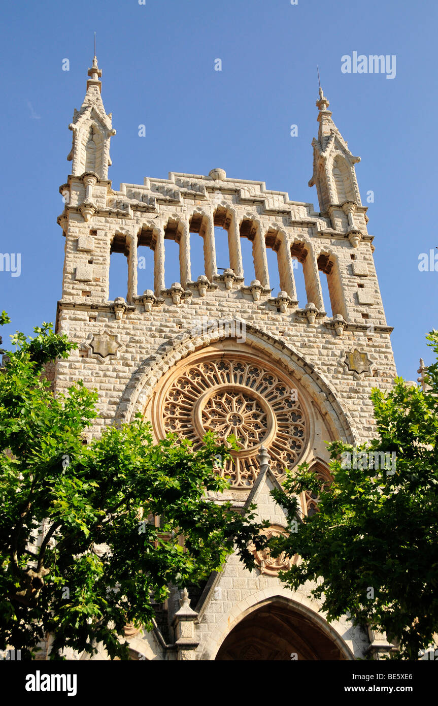 Facade of the Sant Bartomeu parish church, Catalan modernism, by Antoni Gaudís pupil Joan Rubió i Bellver, Sóller, Majorca, Bal Stock Photo