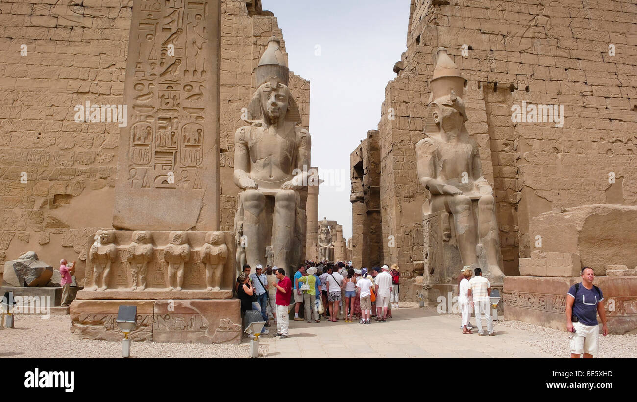 Entrance, pylon with Ramses II figures, Luxor Temple, Egypt, Africa Stock Photo