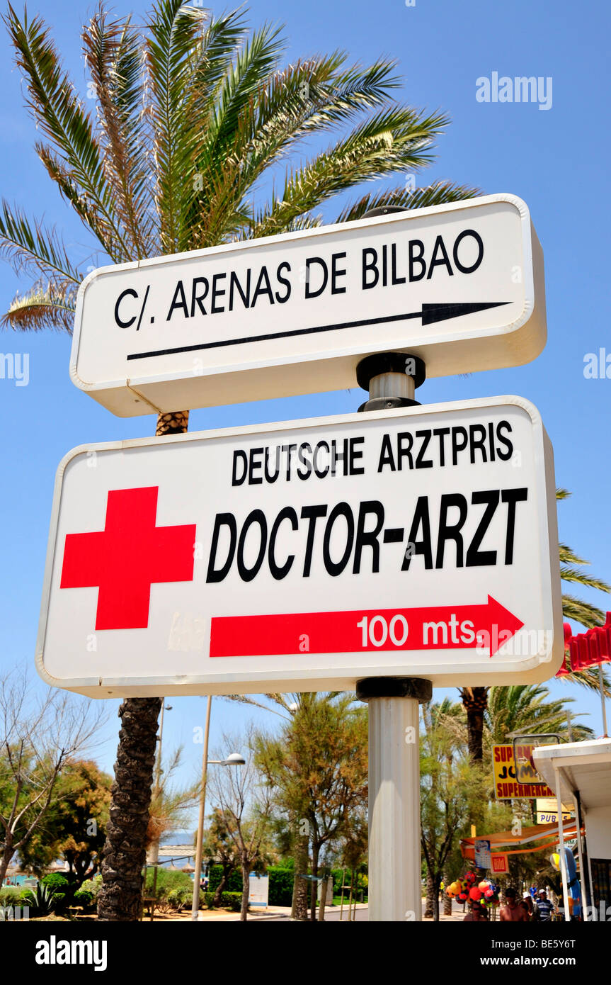 Sign 'Deutsche Arztpraxis' at the Playa de Palma, El Arenal, Majorca, Balearic Islands, Spain, Europe Stock Photo