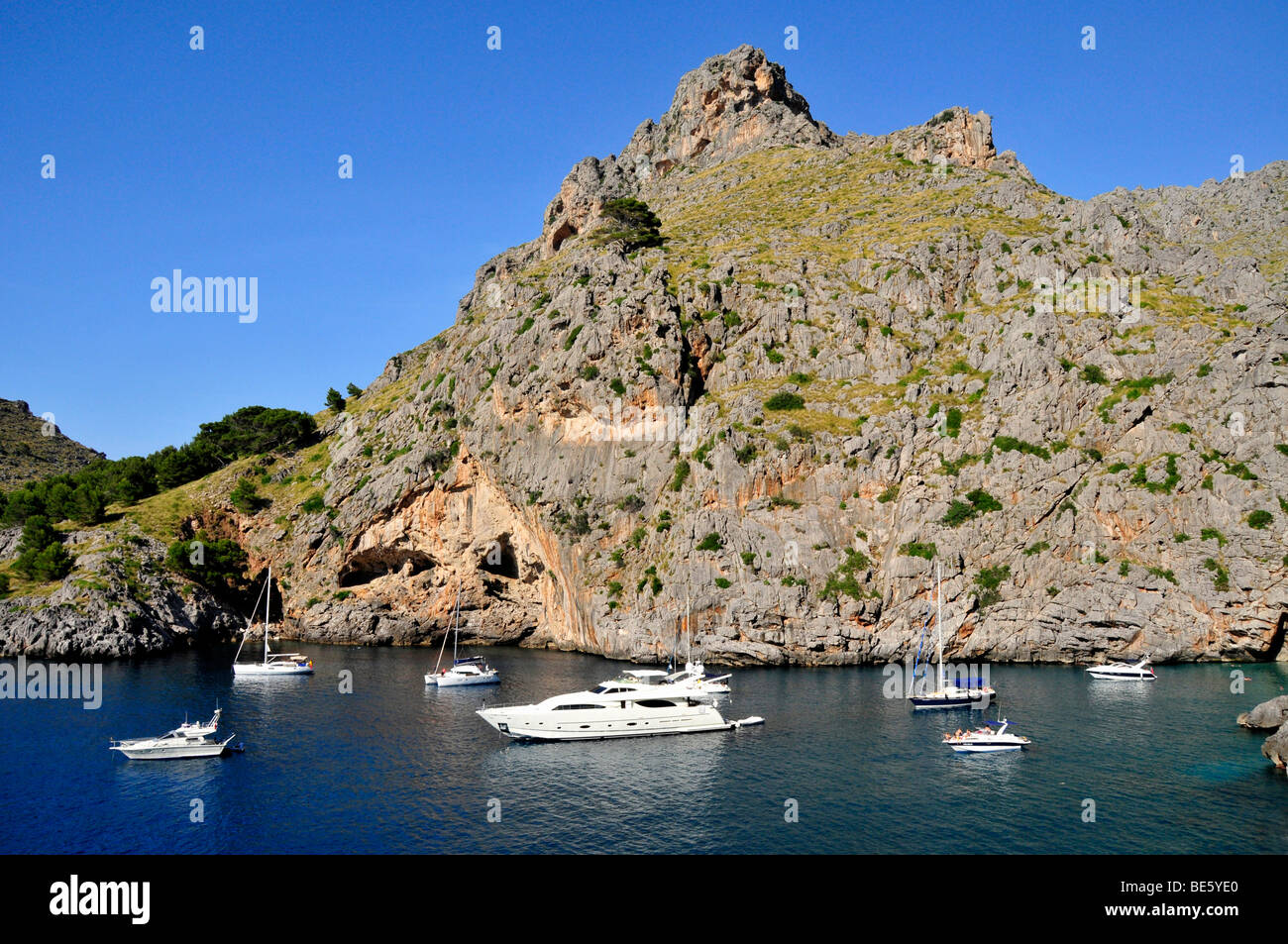 Tourist boats at the entrance to the Torrent de Pareis Gorge, Sa Calobra, Majorca, Balearic Islands, Spain, Europe Stock Photo