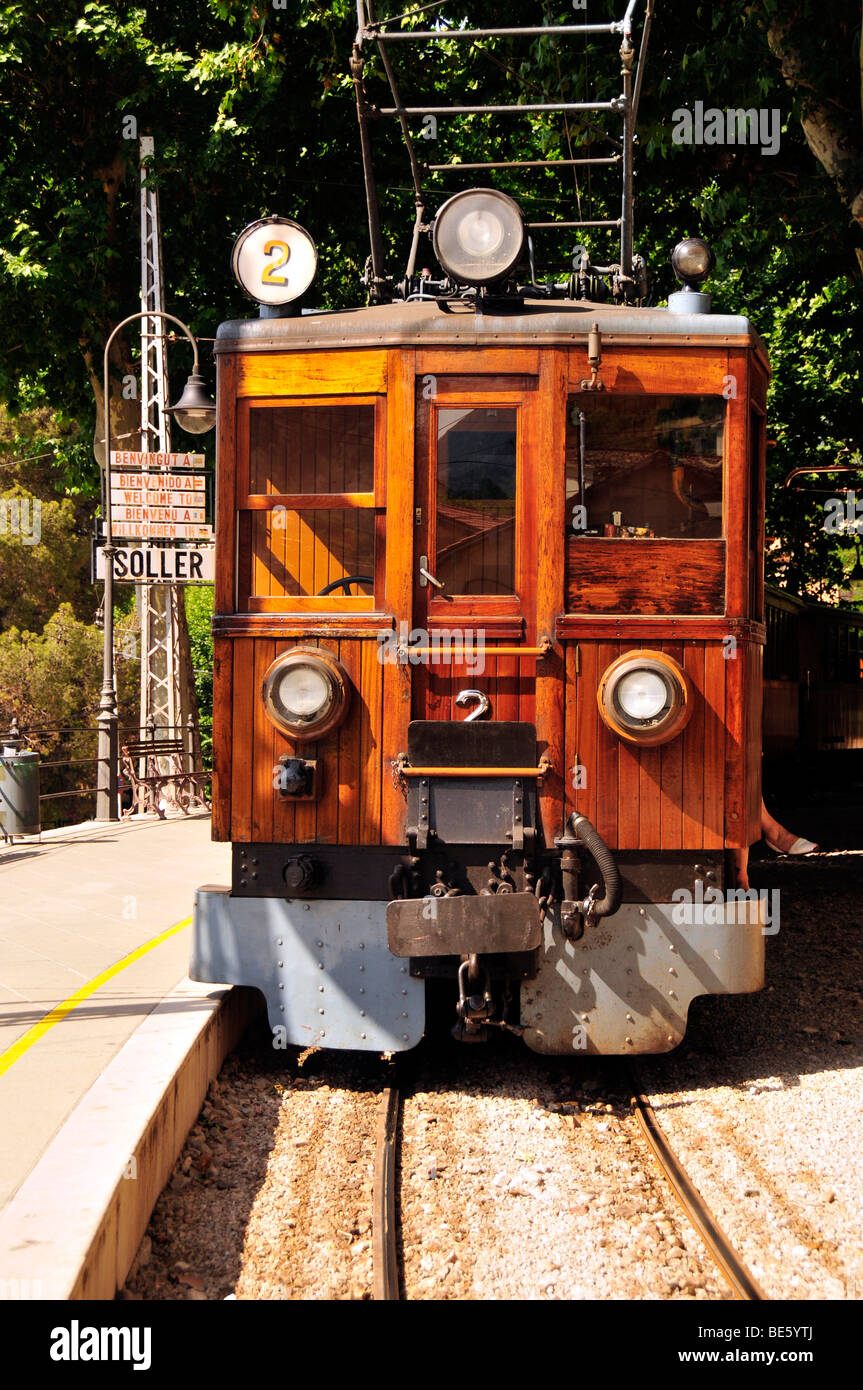 The 'Red Flash' railway from 1912, in the station of Sóller, Majorca, Balearic Islands, Spain, Europe Stock Photo