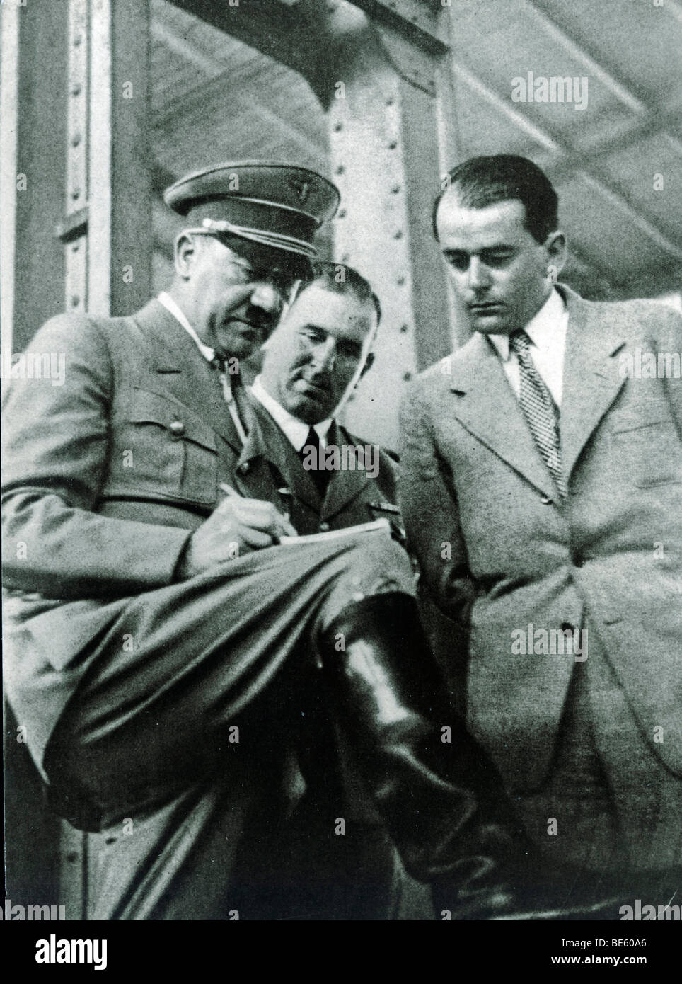 Adolf Hitler, Willy Liebel, Mayor of Nuremberg and architect Prof. Albert Speer at the Reichsparteitagsgelaende Nazi party rall Stock Photo