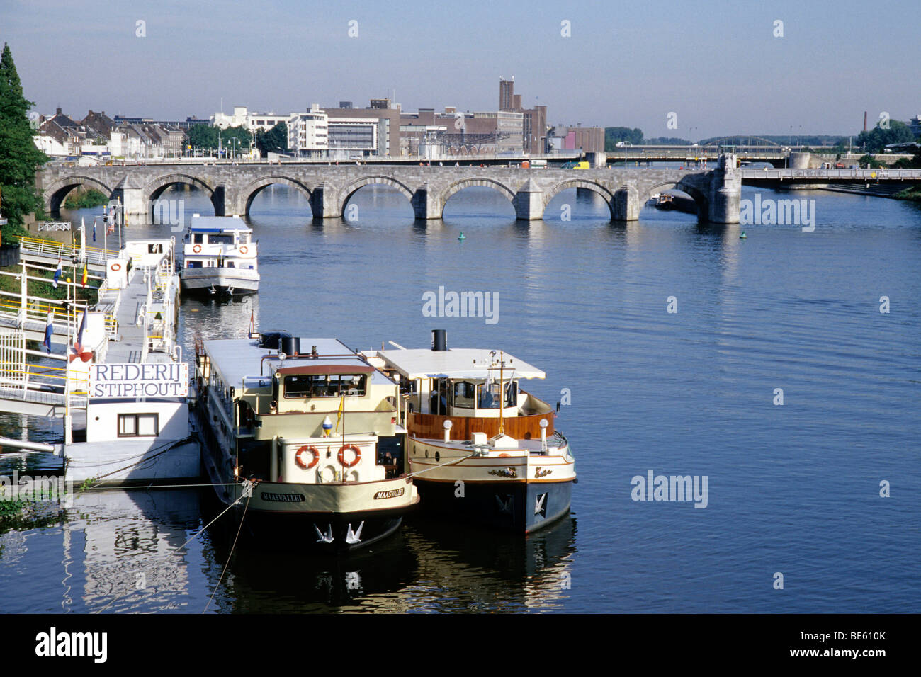 Tourist boats on Maas River, St. Servaas Bridge, Sint Servaasbrug, Maastricht, province of Limburg, Netherlands, Benelux, Europe Stock Photo