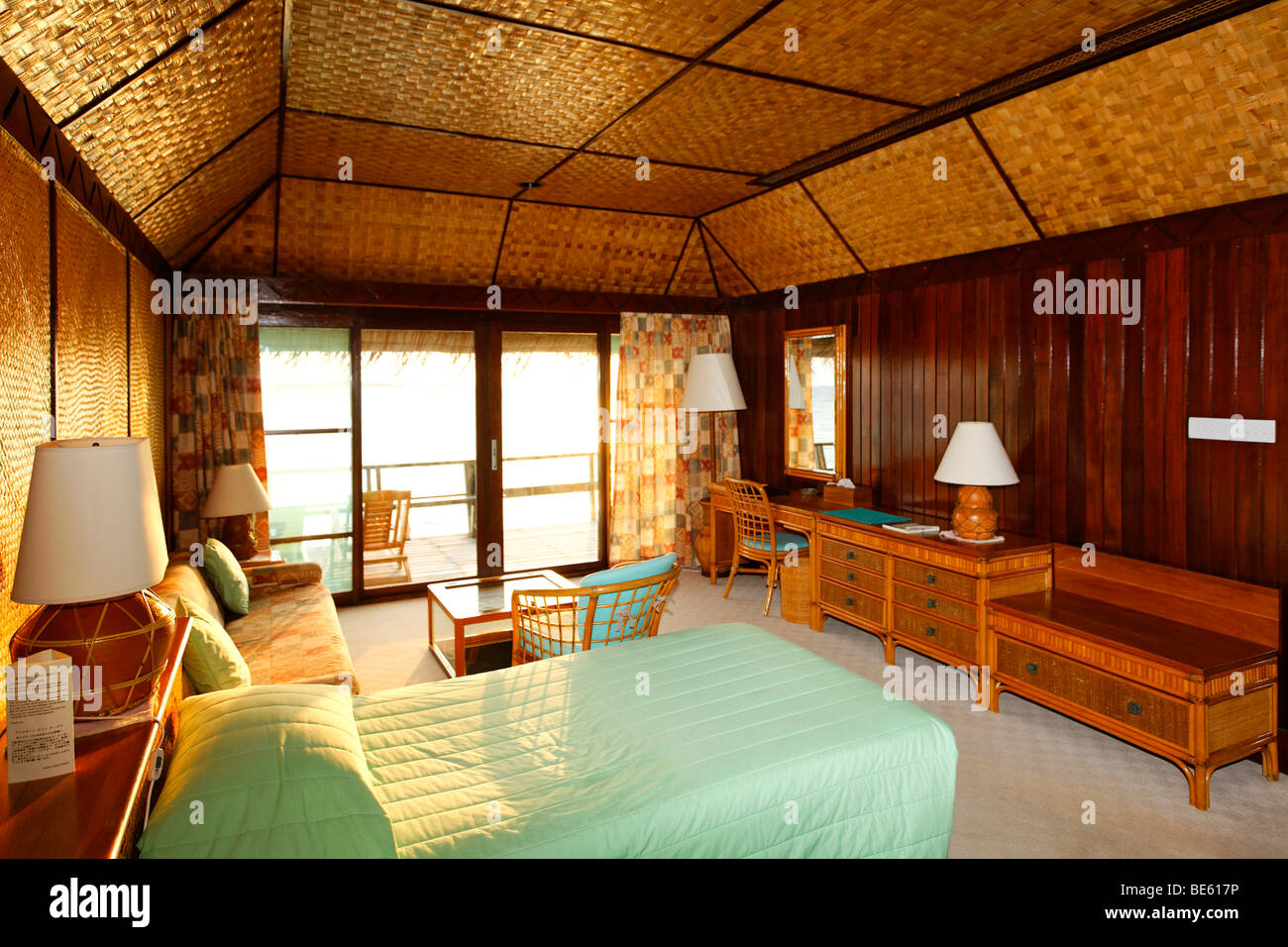 Water bungalow, interior, Vadoo, island, South Male Atoll, Maldives, archipelago, Indian Ocean, Asia Stock Photo