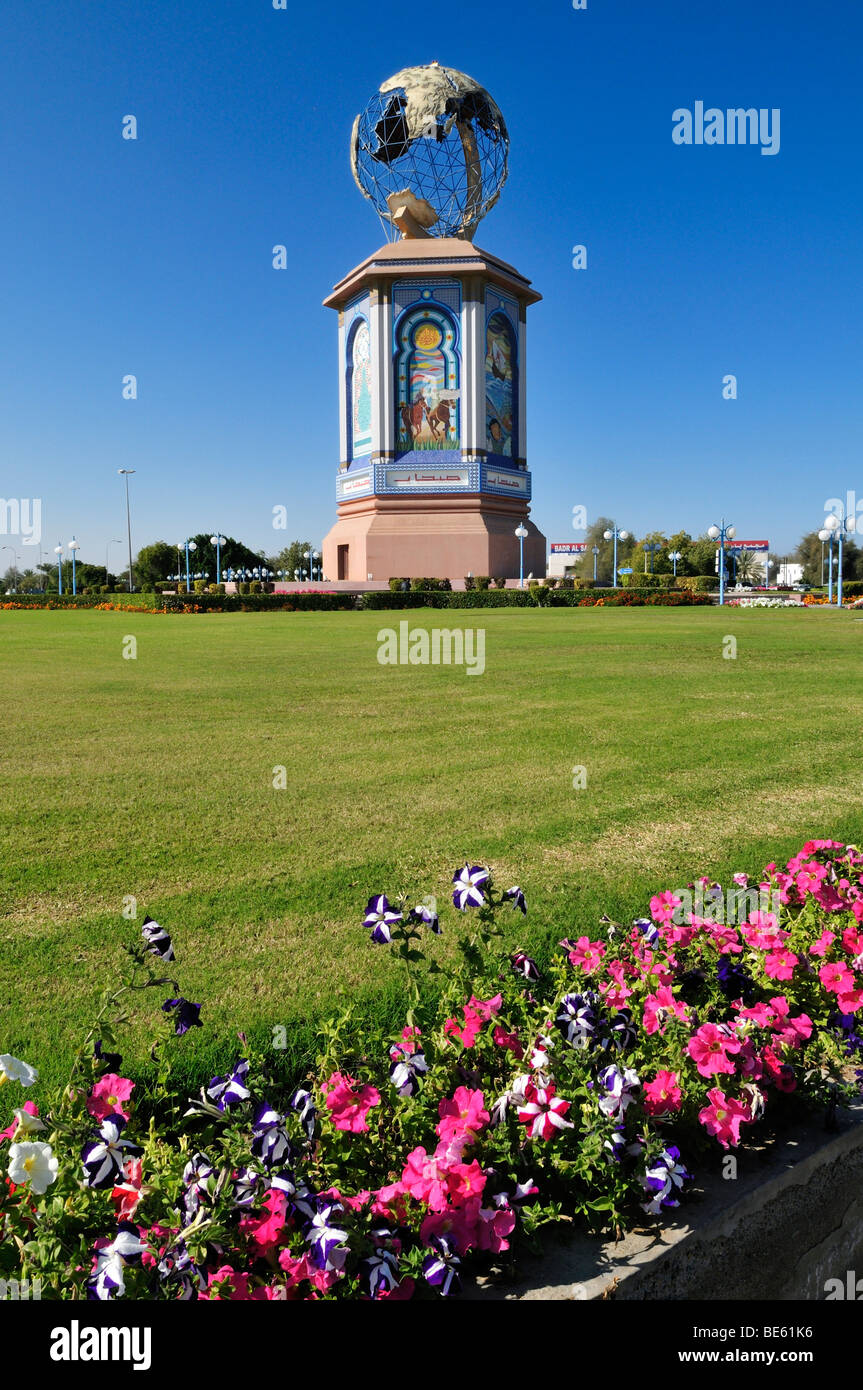 Roundabout beautification with tower and globe, Sohar, Batinah Region, Sultanate of Oman, Arabia, Middle East Stock Photo