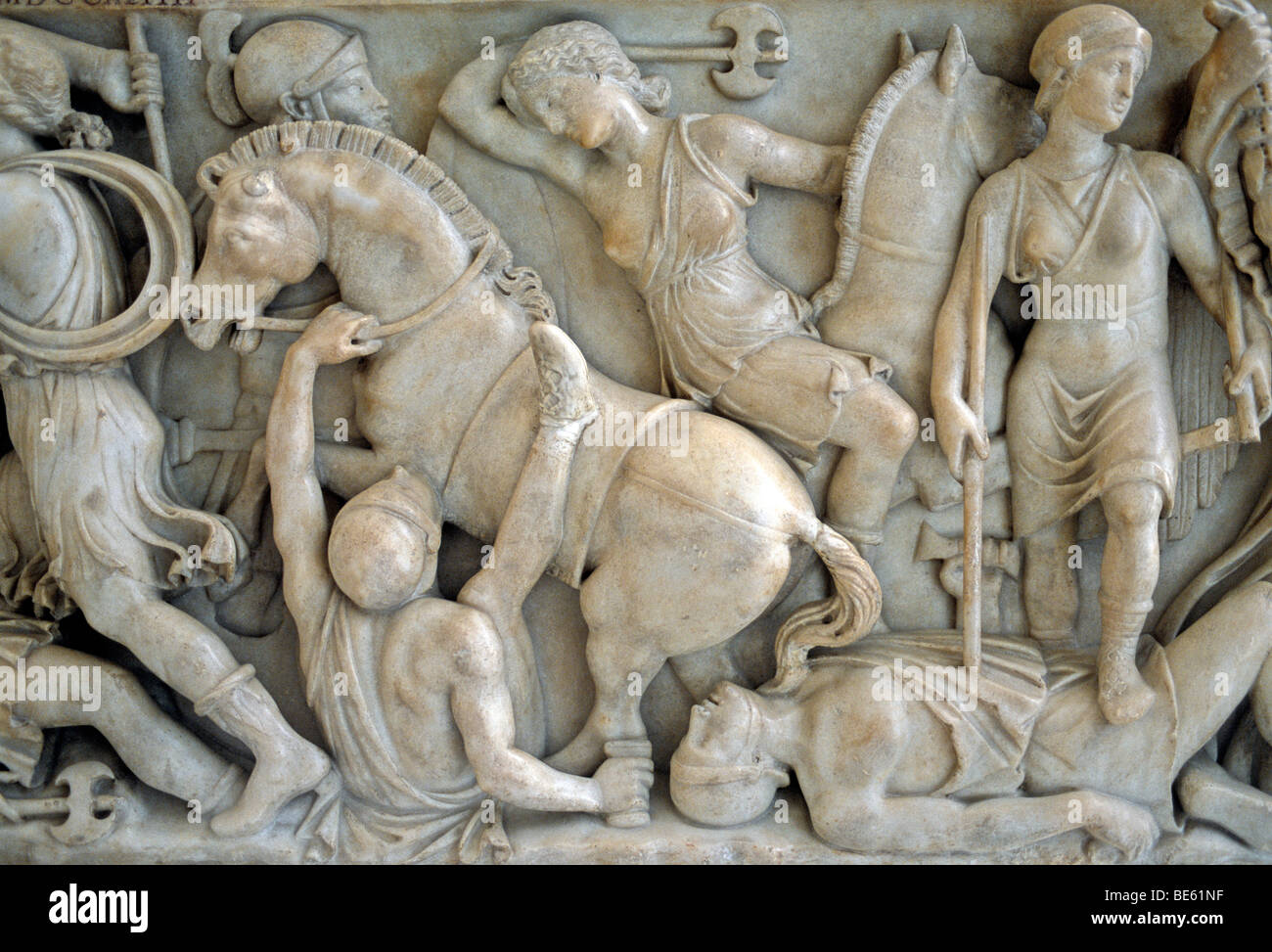 Sarcophagus-relief, Nereides and Tritons with shield, gallery, Capitoline Museums, Palazzo Nuovo, Capitoline Hill, Rome, Lazio, Stock Photo