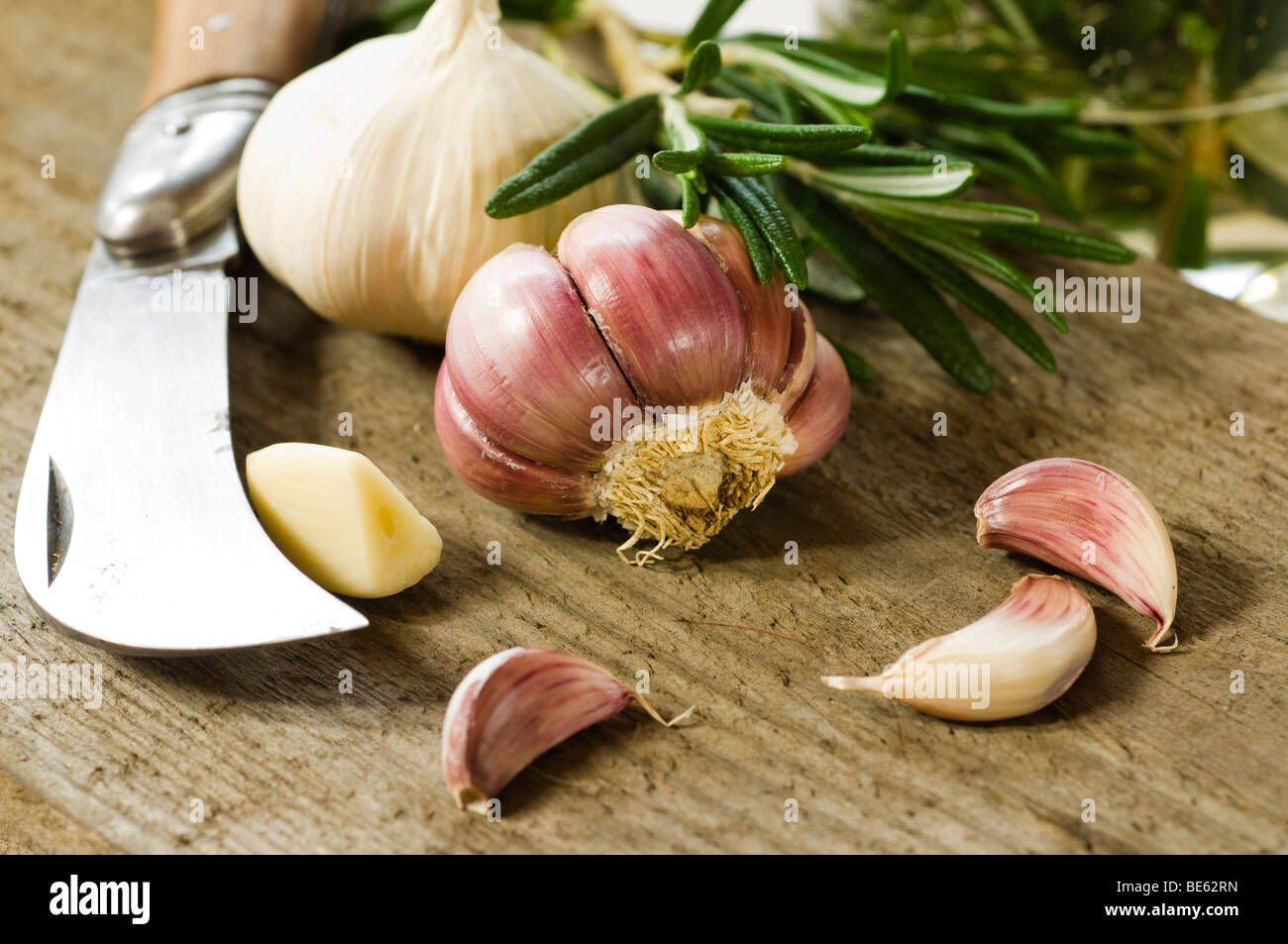 Garlic bulb on a rustic-style board, knife and garlic cloves Stock Photo