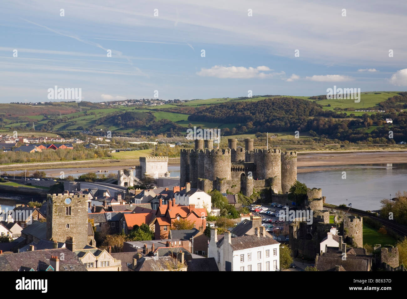 High view over walled town buildings and medieval Castle from walls ...