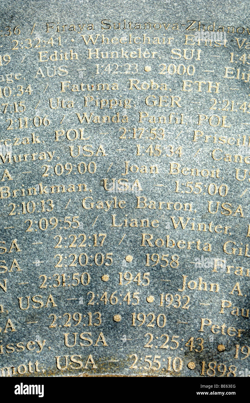 Part of a granite slab on Copley Square at the finish of the Boston Marathon, showing the engraved names of all winners of the  Stock Photo