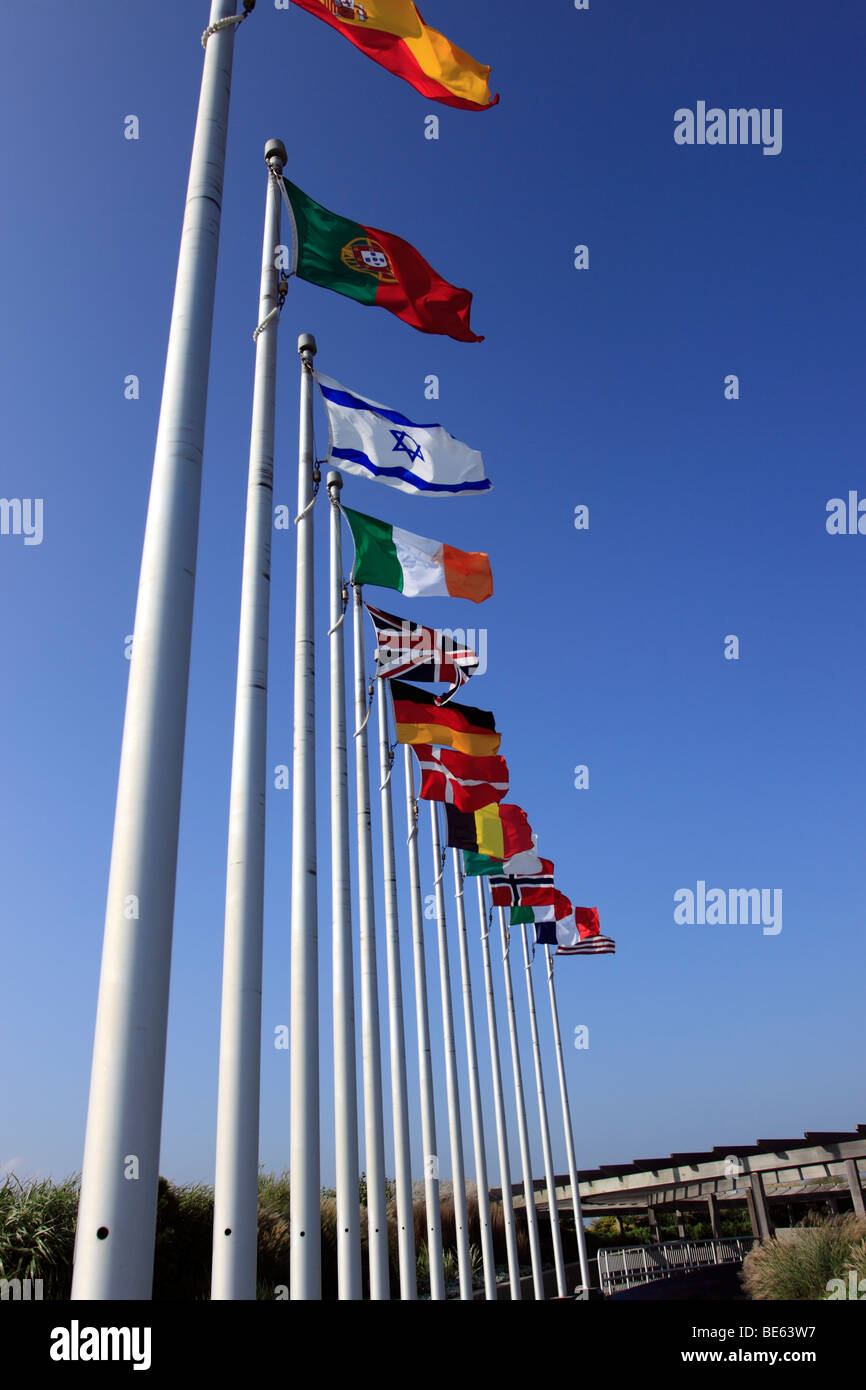 Flags of countries of citizens killed in crash of TWA Flight 800 at entrance to memorial near crash site, off Long Island, NY Stock Photo