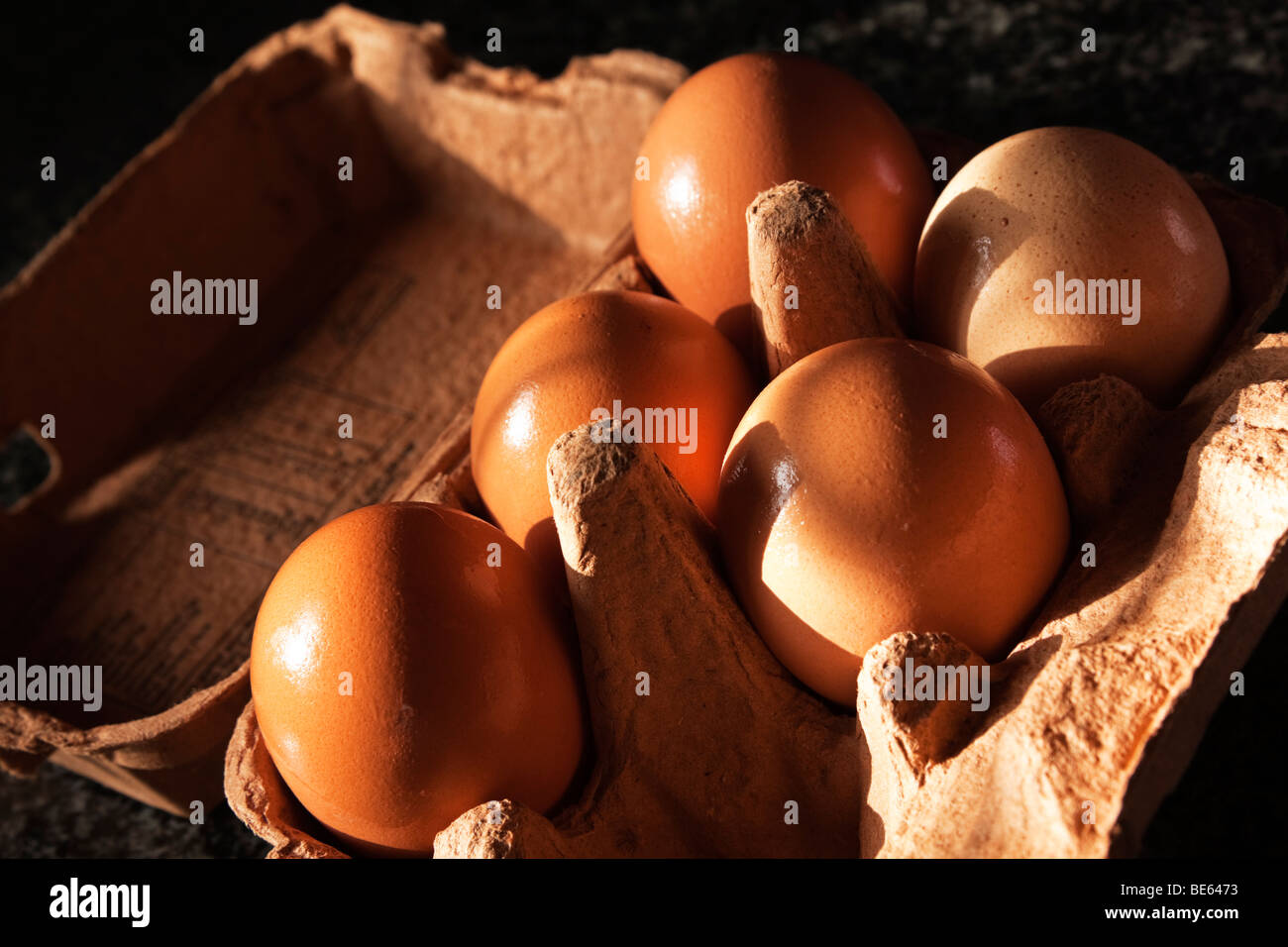 Five eggs in recycled container Stock Photo