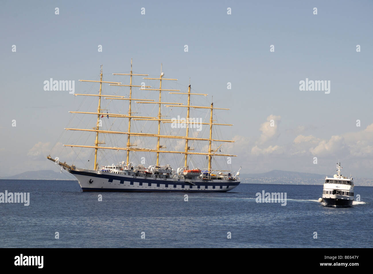 Beautiful Sailing Ship With 5 Masts Moored Off The Island Of Capri In The Bay Of Naples Stock Photo Alamy