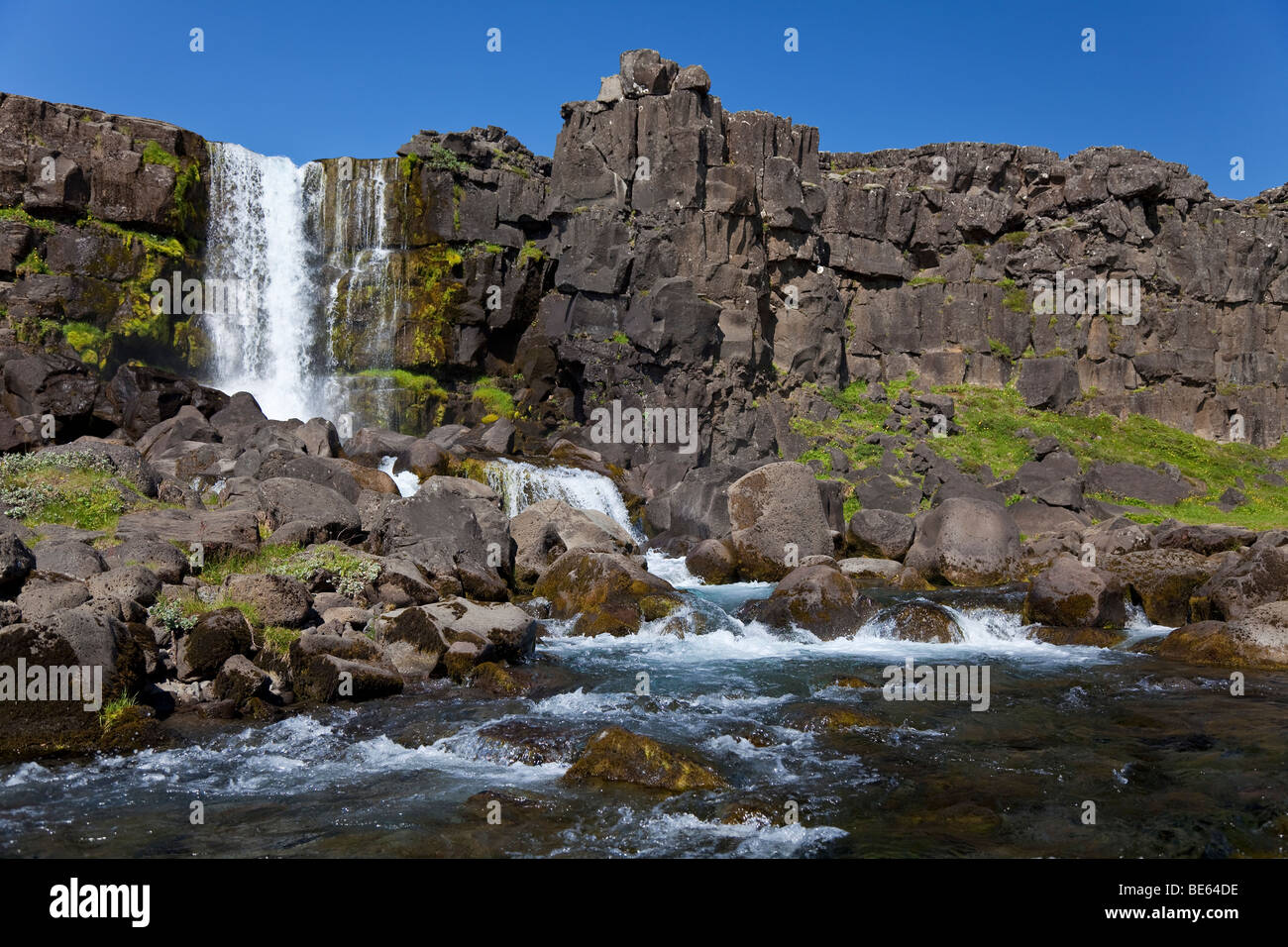 A waterfall and mountain stream shot on location in Iceland Stock Photo