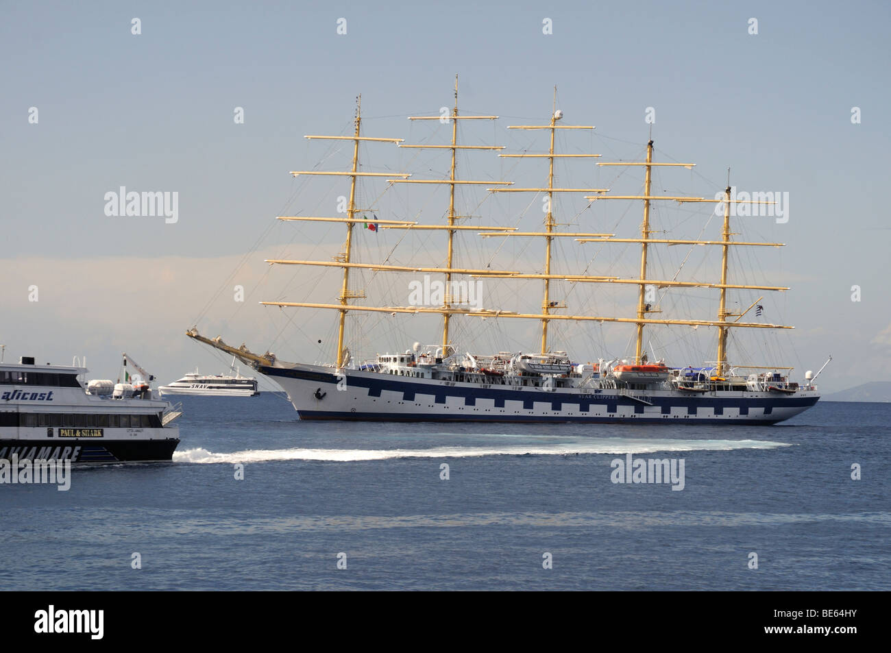 Beautiful Sailing Ship With 5 Masts Moored Off The Island Of Capri In The Bay Of Naples Stock Photo Alamy